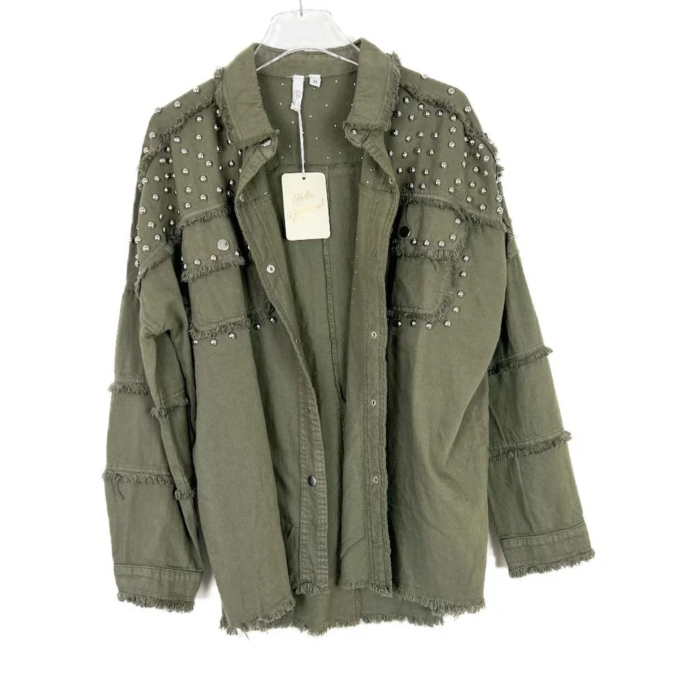 NWT Elan Studded Cotton Demi Jacket Olive Green Lightweight Size Medium M N2193 - Picture 2 of 16